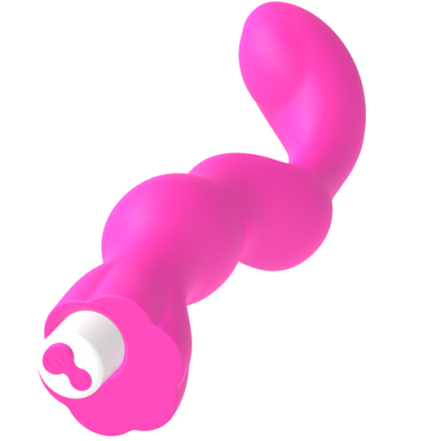 Vibrador rosa em silicone com botão de controlo branco e rosa na base