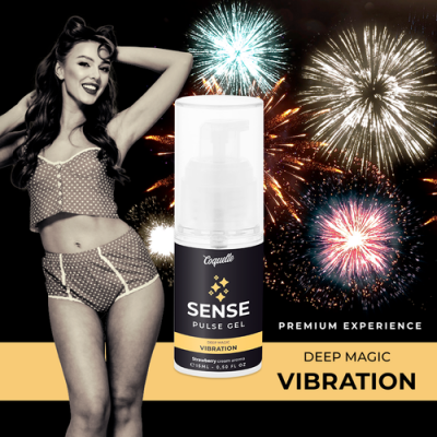 Frasco gel Coquille Sense Vibration com mulher em roupa interior, fogos de artifício ao fundo