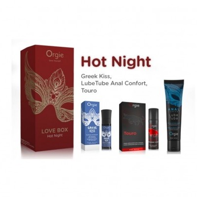 Conjunto de produtos Orgie LOVE BOX Hot Night com embalagem vermelha e quatro frascos