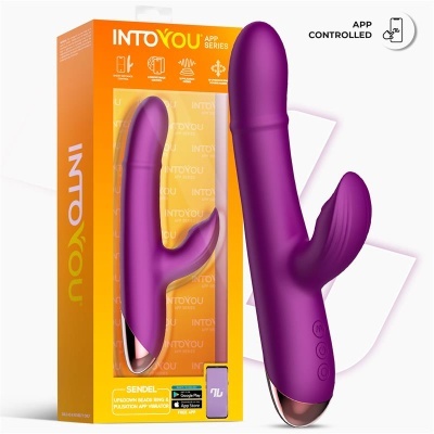 Vibrador roxo em silicone com dois estimuladores e controlo por app