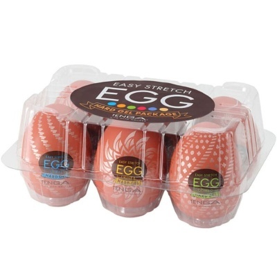 Pack de seis ovos Easy Stretch EGG TENGA em plástico transparente com padrões vermelhos e brancos