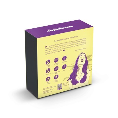 Caixa de produto roxa e amarela com texto em inglês e ilustração de mulher.