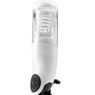 Dispositivo branco e transparente com cilindro de esferas metálicas e base preta em fundo branco