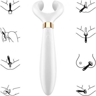 Dispositivo branco em forma de Y com acabamento dourado e botões, com ilustrações de uso