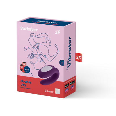 Embalagem rosa e vermelha do vibrador Satisfyer Double Joy com ilustração de casal e texto Bluetooth.