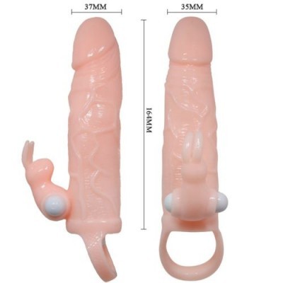 Product in skin-colored silicone shaped like a textured penis with a rabbit accessory and a ring base