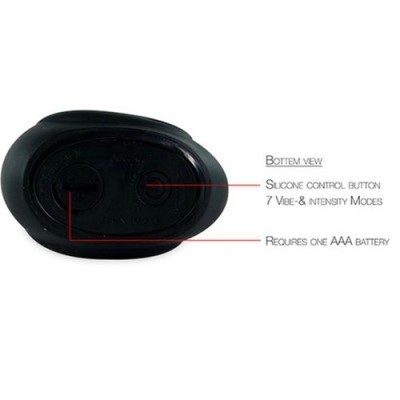 Vista inferior de controlo em silicone preto com botões e texto explicativo