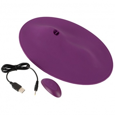 Base oval roxa com controlo remoto pequeno e cabo USB preto