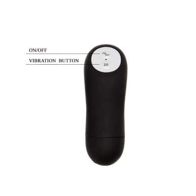 Controle remoto preto com botão branco com texto ON/OFF, VIBRATION BUTTON e números 0, 10, 20
