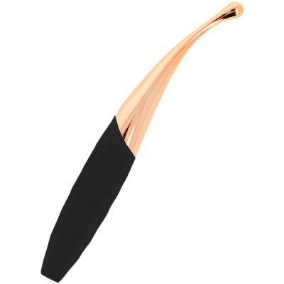 Frasco de perfume preto e dourado em fundo branco