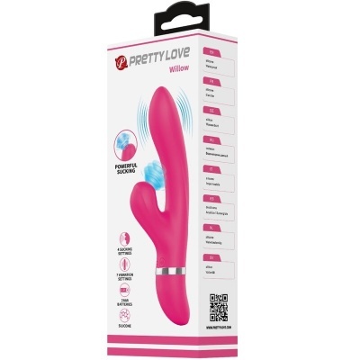 Embalagem de vibrador cor-de-rosa Pretty Love Willow com informações de funções e características