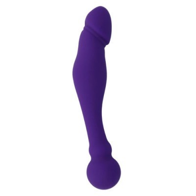 Vibrador roxo com design anatómico em fundo branco