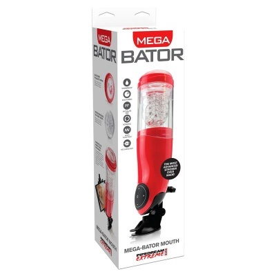 Embalagem branca de produto MEGA BATOR com aparelho vermelho transparente