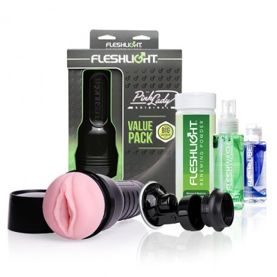 Pack Fleshlight com masturbador rosa, caixa preta, pó branco e sprays verdes e azuis