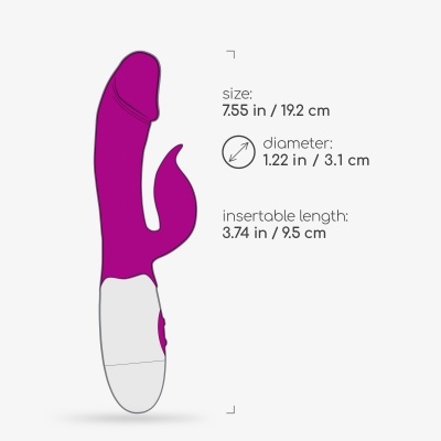 Vibrador anatómico roxo e branco com dimensões ao lado