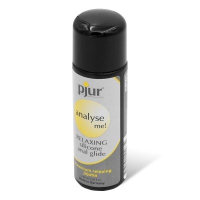 Frasco de gel anal lubrificante pjur analyse me! com rótulo cinza e amarelo