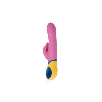 Vibrador rosa com pega amarela e azul sobre fundo branco