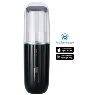 Dispositivo portátil preto com tampa transparente e ícones de app