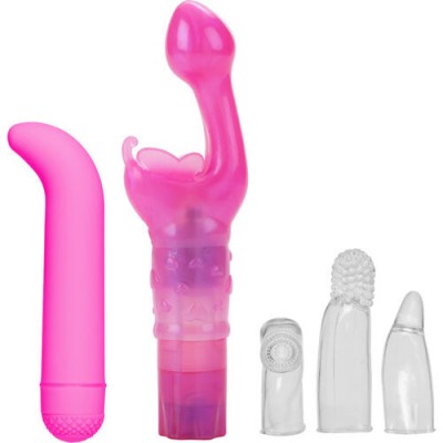 Acessórios sexuais de silicone em rosa e transparente, com texturas e formas variadas