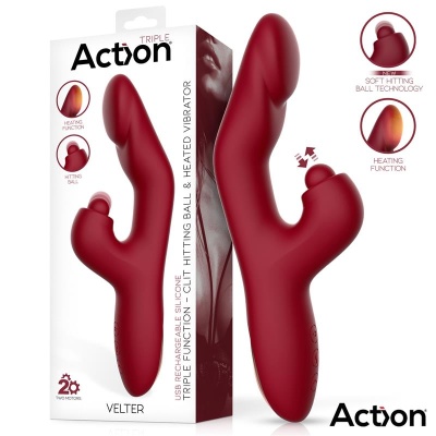 Vibrador vermelho de silicone com funções de triplo estímulo em embalagem branca
