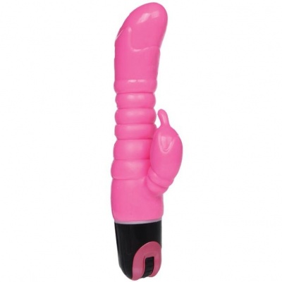 Vibrador rosa texturizado com base preta em fundo branco
