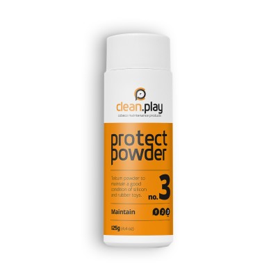 Recipiente branco e laranja de talco protect powder da clean.play para manutenção de brinquedos