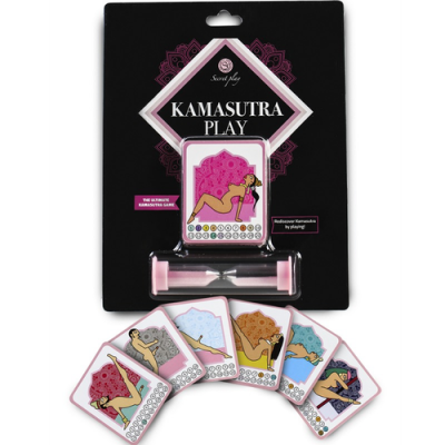 Embalagem preta do jogo Kamasutra Play com cartas coloridas e um ampulheta rosa