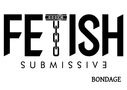 Logótipo preto e branco com texto FETISH SUBMISSION BONDAGE e corrente com algemas.