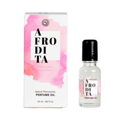 Frasco de perfume óleo Afrodita com caixa branca e detalhes em rosa