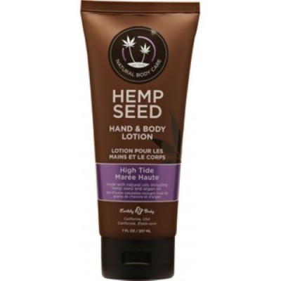 Tubo castanho de loção para mãos e corpo Hemp Seed com tampa preta e texto branco e roxo