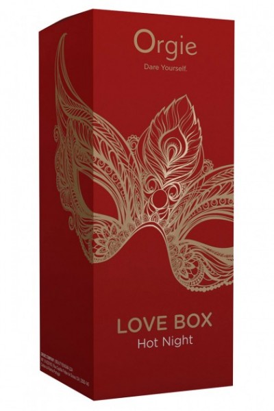 Caixa de produto vermelho com máscara dourada e texto em relevo