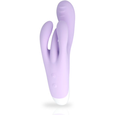 Vibrador multifunções lilás com três prolongamentos e botões frontais.
