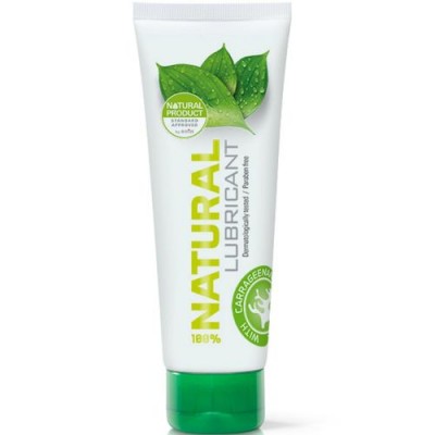 Tubo branco de lubrificante natural com tampa verde e folhas verdes desenhadas
