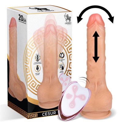 Dildo realista bege com base de ventosa e comando remoto branco e rosa junto à embalagem branca com detalhes dourados