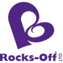 Logótipo com design de coração em roxo e texto Rocks-Off