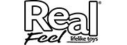 Logótipo com texto 'Real Feel lifelike toys' em preto sobre fundo branco
