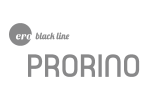 Logotipo com as palavras 'ero black line' e 'PRORINO' em cinzento sobre fundo branco