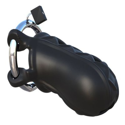 Dispositivo de castidade masculino preto com anel metálico e cadeado