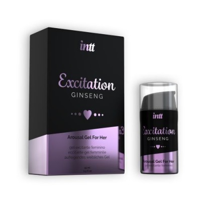 Gel excitante feminino 'Excitation Ginseng' em embalagem preta com detalhes lilás