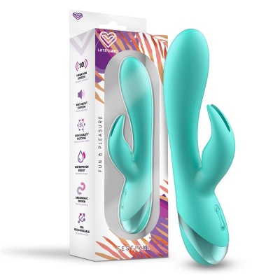 Vibrador azul turquesa em silicone ao lado da caixa com texto FUN & PLEASURE e FESTIVAL