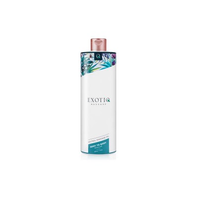 Frasco branco de óleo de massagem Exotiq com tampa rosa e decoração floral