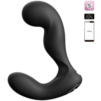 Produto preto curvado com acabamento fosco e ícones de loja de aplicações