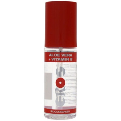 Frasco de produto cosmético com tampa vermelha e rótulo ALOE VERA + VITAMIN E