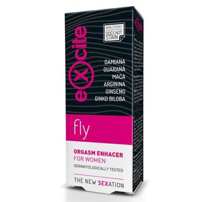 Embalagem de creme eXcitie fly para orgasmo feminino com ingredientes naturais