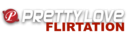 Logótipo PRETTY LOVE FLIRTATION em vermelho e branco sobre fundo preto