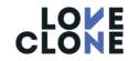 Logótipo da marca LOVE CLONE em letras maiúsculas pretas e um 'V' azul
