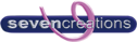 Logotipo com texto 'seven creations' em branco sobre fundo preto com anéis roxos e rosa entrelaçados