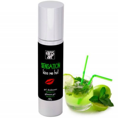 Frasco de gel deslizante 'Sensation kiss me hot' e copo com bebida verde, limão e hortelã.