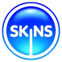 Emblema redondo azul com a palavra SKINS