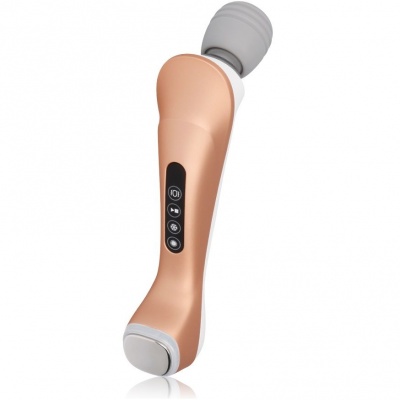 Massageador pessoal cor de rosa dourado e branco com cabeça cinzento claro